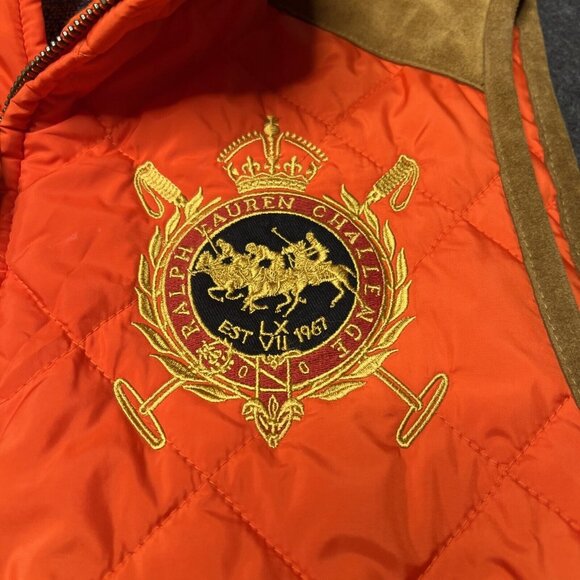Ralph Lauren Sport Equestrian Crest Quilted Vest Orange Tan Suede Trim Womens SM - Picture 3 of 14